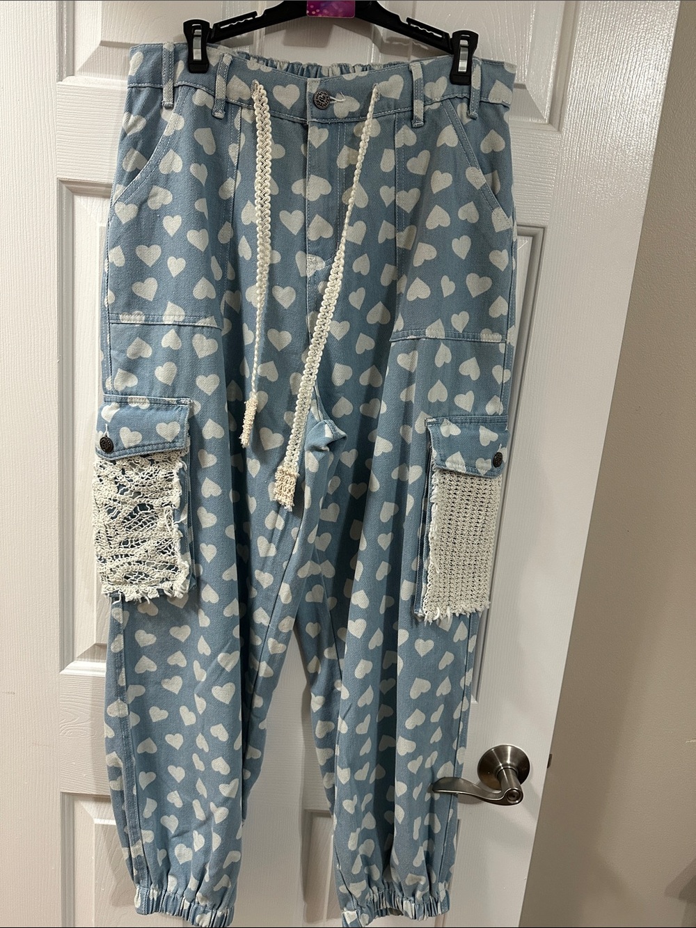 POL Blue Heart-Print Jean Joggers with Crochet Pocket Accents